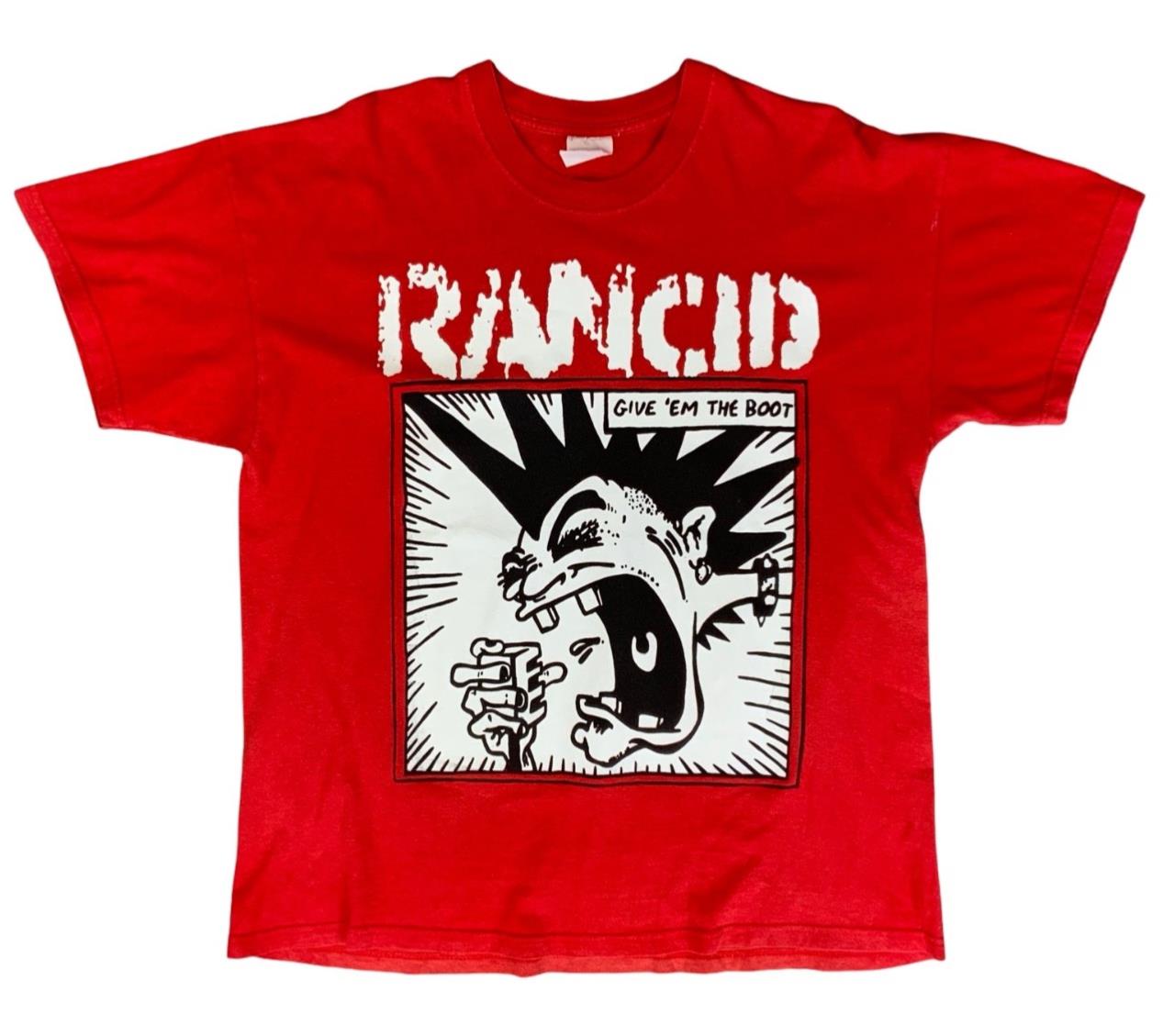 VTG 90s FADED RED RANCID GIVE EM THE BOOT SOUND LEVELS 2 SIDED PUNK T SHIRT L