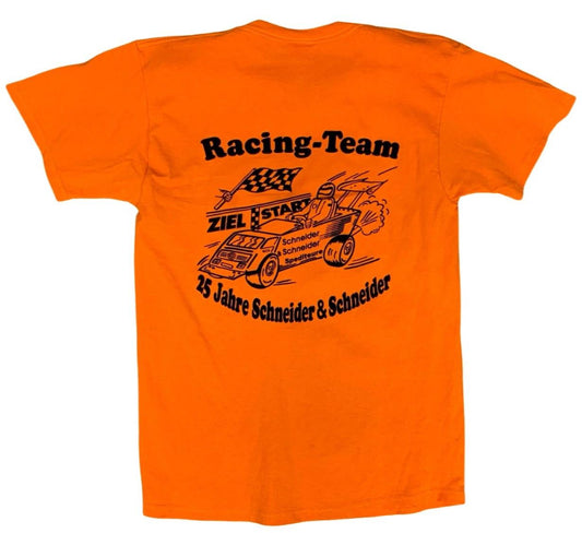 VTG 90s GERMAN HOT ROD RACING TEAM BACK FLOCK PRINT ORANGE T SHIRT S