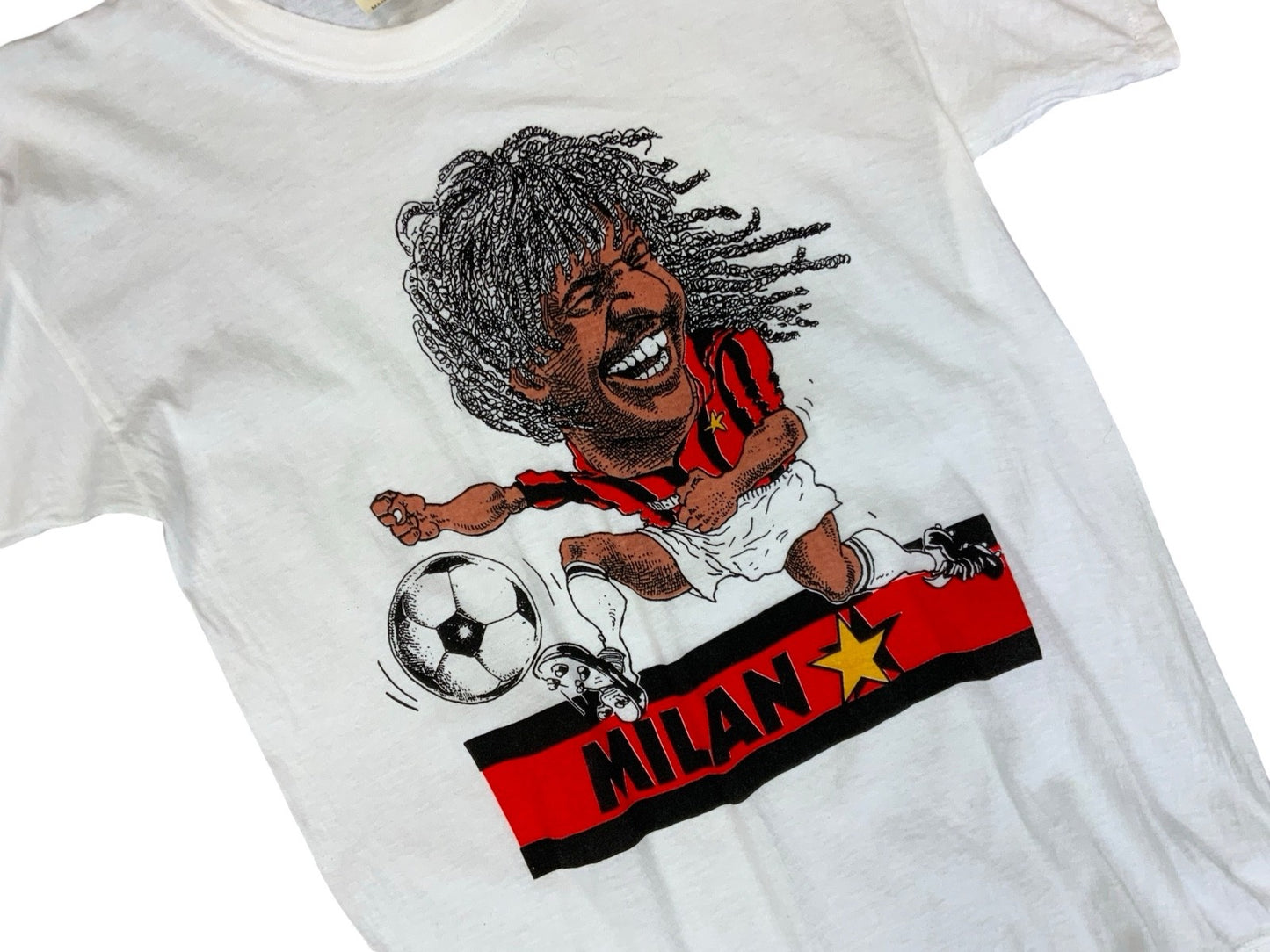 RARE VTG 1990s ITALIAN AC MILAN RUUD GULLIT CARTOON T SHIRT FOOTBALL SOCCER XS