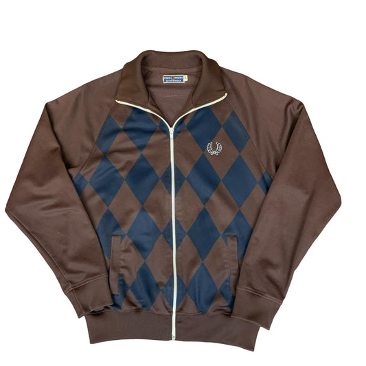 VTG 80S 'FRED PERRY SPORTWEAR' BROWN BLUE ARGYLE PATTERNED ZIP-UP TRACK JACKET L