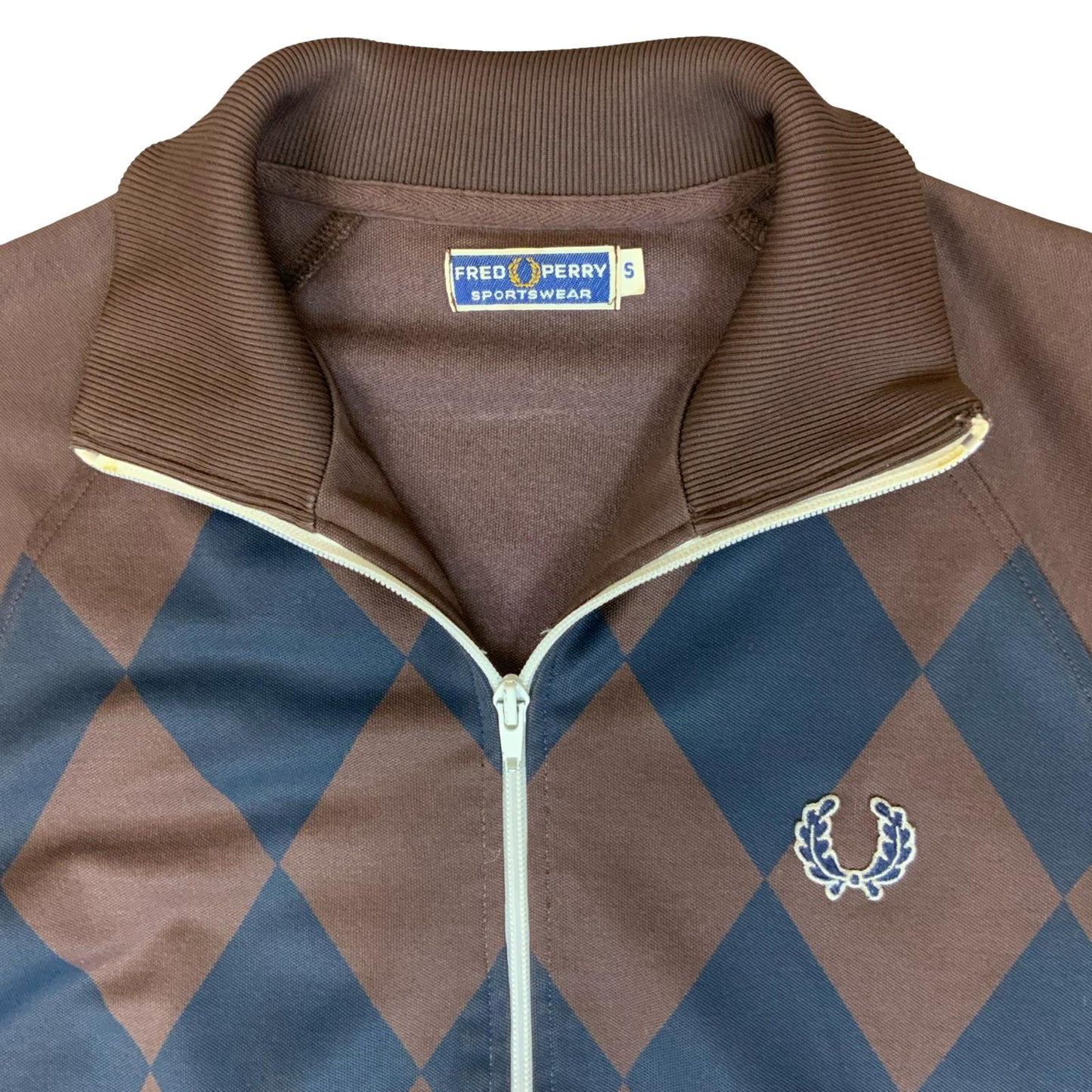 VTG 80S 'FRED PERRY SPORTWEAR' BROWN BLUE ARGYLE PATTERNED ZIP-UP TRACK JACKET L