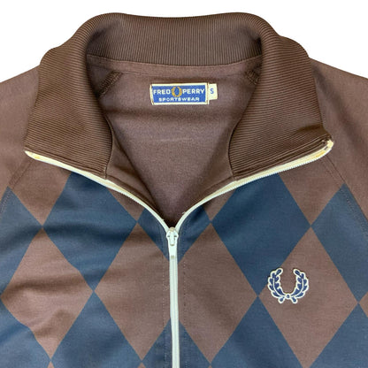 VTG 80S 'FRED PERRY SPORTWEAR' BROWN BLUE ARGYLE PATTERNED ZIP-UP TRACK JACKET L