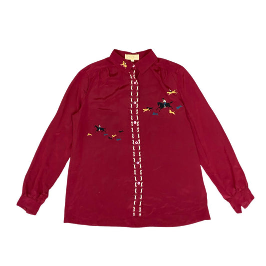 VTG 'SERGE NANCEL' RED SILK GRAPHIC FOLK HORSE JOCKEYS LONG SLEEVE BLOUSE M 14
