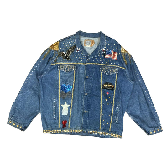 VTG 80s RARE BLUE EMBELLISHED SOUTHWEST TEXAS USA OVERSIZED DENIM JACKET 3XL 4XL