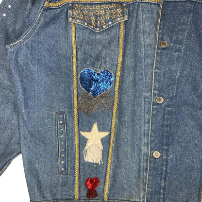 VTG 80s RARE BLUE EMBELLISHED SOUTHWEST TEXAS USA OVERSIZED DENIM JACKET 3XL 4XL