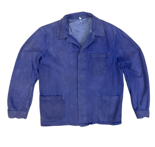 VTG DISTRESSED & FADED DENIM EU FRENCH WORKWEAR CHORE JACKET INDIGO M