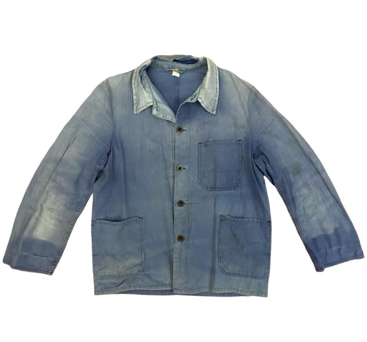 VTG DISTRESSED FADED EU FRENCH WORKWEAR CHORE JACKET INDIGO HERRINGBONE COTTON M