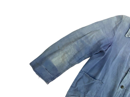 VTG DISTRESSED FADED EU FRENCH WORKWEAR CHORE JACKET INDIGO HERRINGBONE COTTON M