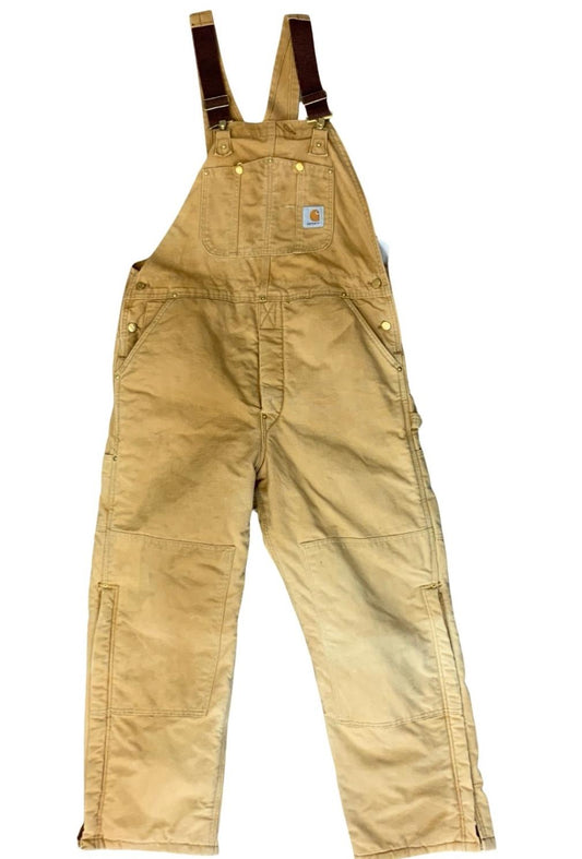 CARHARTT TAN DUCK CANVAS QUILT LINED DUNGAREES CARPENTER USA WORKWEAR 34W 29L