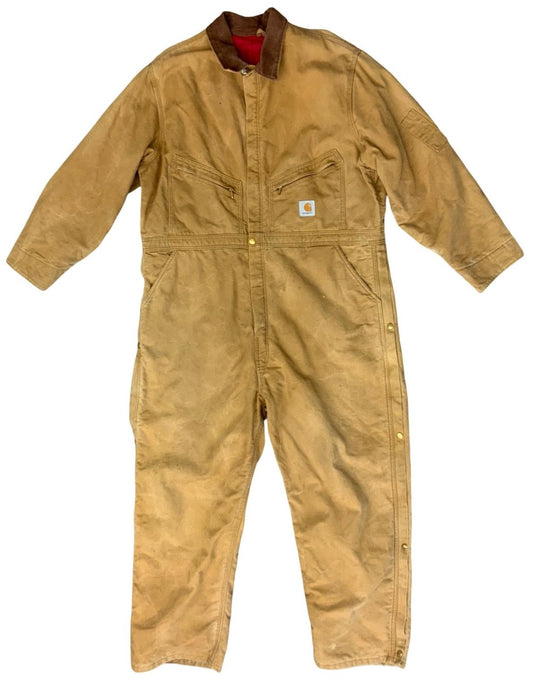 CARHARTT TAN DUCK CANVAS QUILT LINED BOILER SUIT OVERALLS USA WORKWEAR 48W 27L