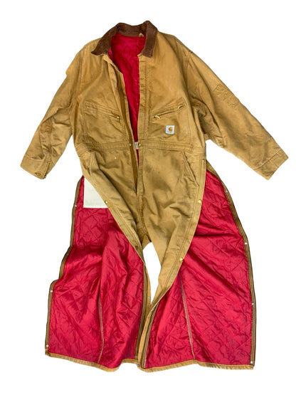 CARHARTT TAN DUCK CANVAS QUILT LINED BOILER SUIT OVERALLS USA WORKWEAR 48W 27L