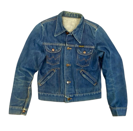 VTG 1970s WRANGLER INDIGO BROKEN TWILL DENIM JACKET DARK BLUE AMAZING FADES XXS