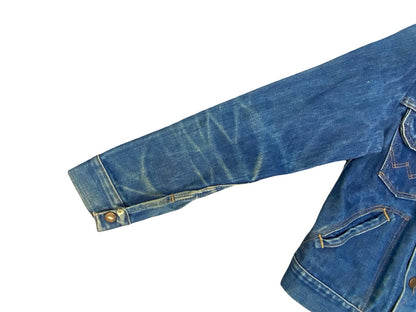 VTG 1970s WRANGLER INDIGO BROKEN TWILL DENIM JACKET DARK BLUE AMAZING FADES XXS