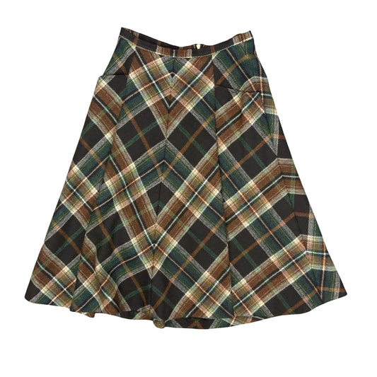 VTG 70s 80s 'SILESIA' RETRO BROWN BEIGE GREEN TARTAN ALINE MIDI WOOL SKIRT UK6/8
