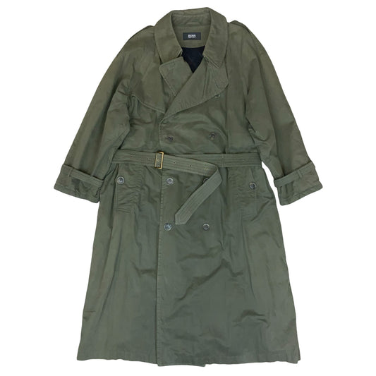 VTG 90s 'HUGO BOSS' ARMY GREEN DOUBLE-BREASTED BELTED MILITARY TRENCH COAT L/XL