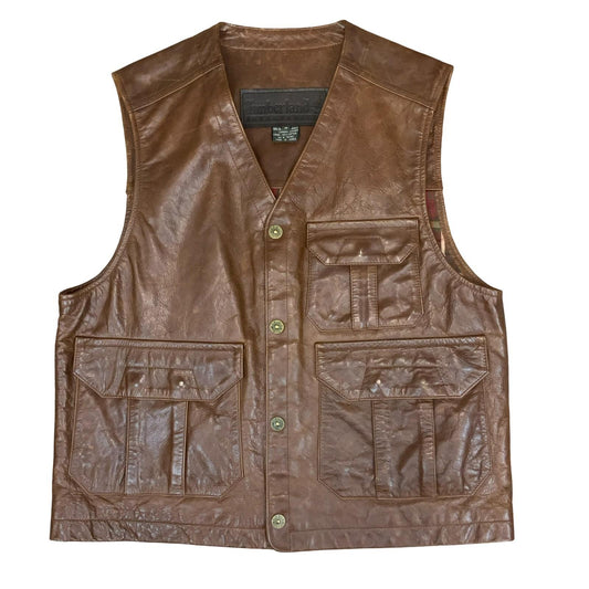 VTG 'TIMBERLAND' WEATHER GEAR BROWN COWHIDE UTILITY WATERPROOF LEATHER VEST M/L