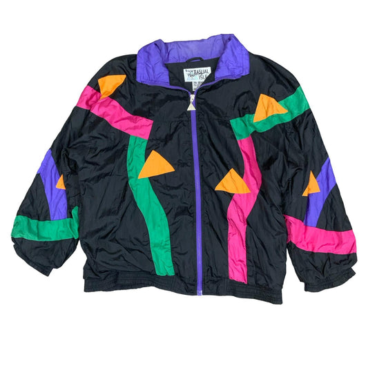 VTG 80s 90s 'CASUAL ISLE'  BLACK GREEN PINK GEOMETRIC ZIP-UP SHELL JACKET 2XL