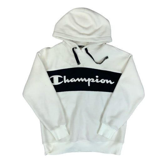VTG 90s 'CHAMPION' WHITE LOGO SPELL-OUT  PULLOVER TEDDY FLEECE HOODIE S/M