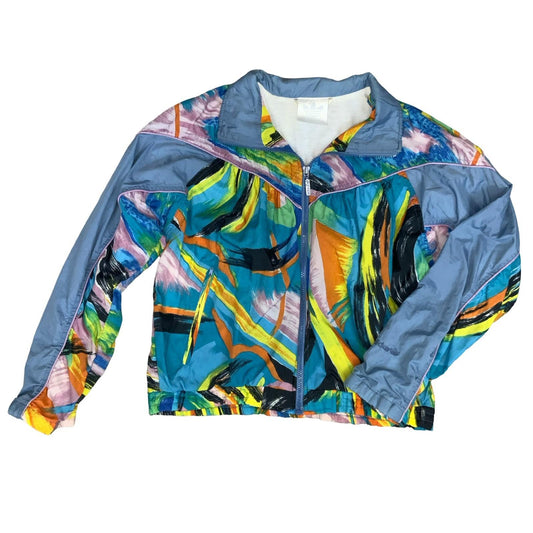 VTG 90s 'ADIDAS' ABSTRACT ART BLUE COLOURFUL FULL ZIP LINED SHELL JACKET M/L