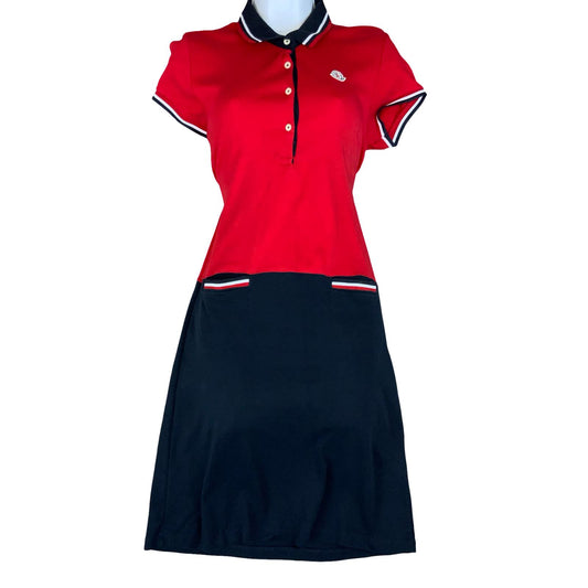 VTG 90s 'MONCLER' RED NAVY BLUE POLO COLLAR DESIGNER TENNIS SHIRT DRESS UK10