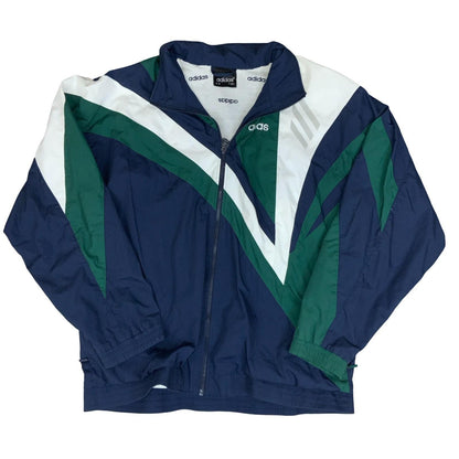 VTG 90s 'ADIDAS' BLUE GREEN WHITE V-DESIGN 3 STRIPE WARM-UP WINDBREAKER 3XL
