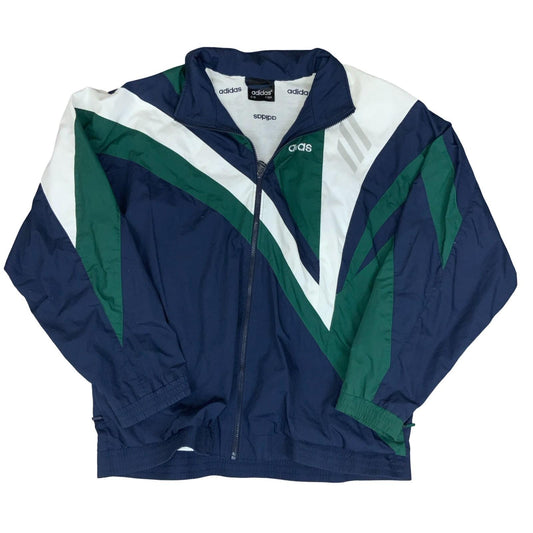 VTG 90s 'ADIDAS' BLUE GREEN WHITE V-DESIGN 3 STRIPE WARM-UP WINDBREAKER 3XL