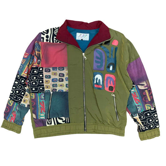 VTG 90s 'ATHLET' GREEN GEOMETRIC PACKWORK LINED WINDBREAKER BOMBER JACKET XL
