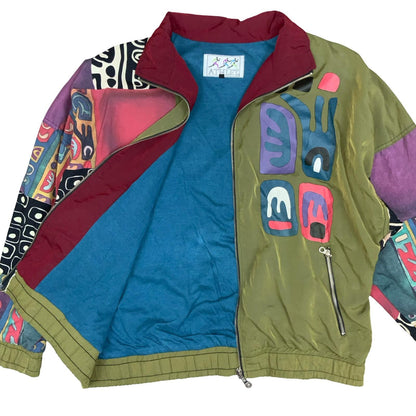 VTG 90s 'ATHLET' GREEN GEOMETRIC PACKWORK LINED WINDBREAKER BOMBER JACKET XL