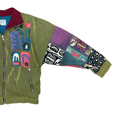 VTG 90s 'ATHLET' GREEN GEOMETRIC PACKWORK LINED WINDBREAKER BOMBER JACKET XL