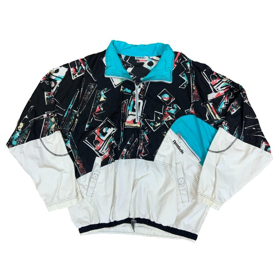 VTG 80s 90s 'REEBOK' 1/2 ZIP BLACK WHITE BLUE GEOMETRIC PULLOVER WINDBREAKER L