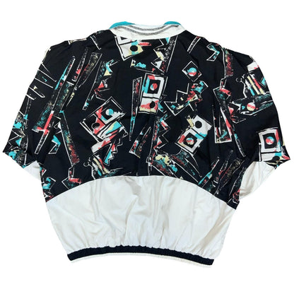 VTG 80s 90s 'REEBOK' 1/2 ZIP BLACK WHITE BLUE GEOMETRIC PULLOVER WINDBREAKER L
