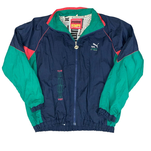 VTG 90s 'PUMA EQUIPE' BLUE GREEN RED COLOUR-BLOCK GRAPHIC LINED WINDBREAKER 2XL