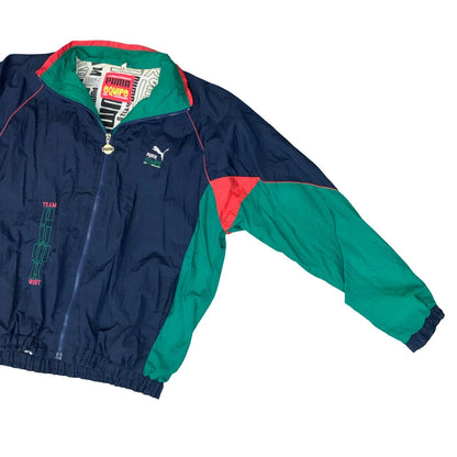 VTG 90s 'PUMA EQUIPE' BLUE GREEN RED COLOUR-BLOCK GRAPHIC LINED WINDBREAKER 2XL