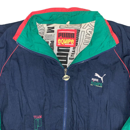 VTG 90s 'PUMA EQUIPE' BLUE GREEN RED COLOUR-BLOCK GRAPHIC LINED WINDBREAKER 2XL