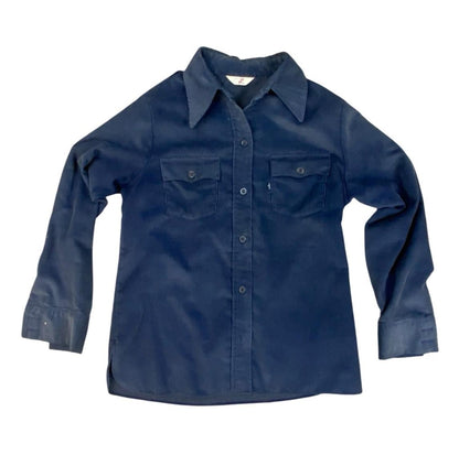 RARE VTG 1970s BIG E LEVIS CORDUROY SHIRT BIG DAGGER COLLAR NAVY BLUE M