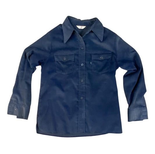 RARE VTG 1970s BIG E LEVIS CORDUROY SHIRT BIG DAGGER COLLAR NAVY BLUE M