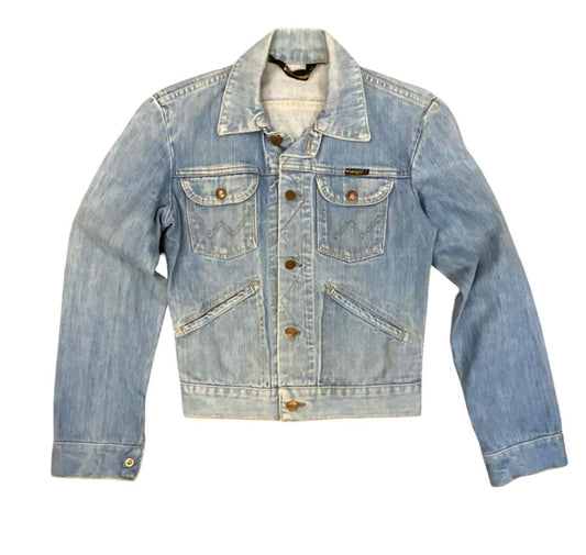 VTG 1970s WRANGLER BROKEN TWILL DENIM JACKET NICE LIGHT BLUE FADES XS