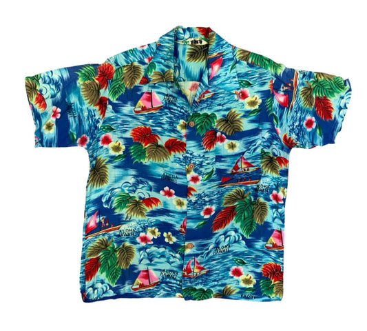 VTG 1960s GENUINE HAWAIIAN RAYON ALOHA SHIRT MADE IN HAWAII TIKI ROCKABILLY M