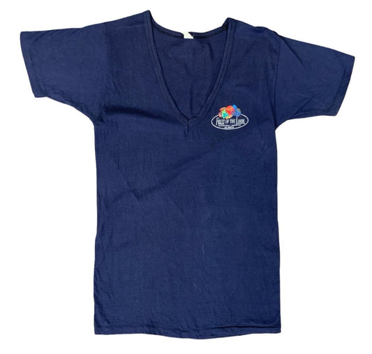 RARE VTG 1970s SINGLE STITCH FRUIT OF THE LOOM USA V NECK NAVY T SHIRT XS