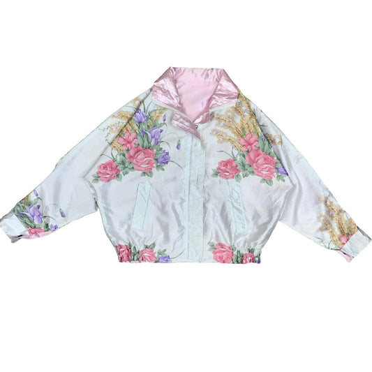 VTG 80s 90s PINK WHITE FLORAL PATTERNED REVERSIBLE BOMBER SHELL JACKET XL