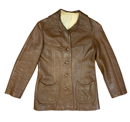 LADIES VTG 1970s SOFT BROWN LEATHER JACKET LARGE COLLARS DISCO BOHO HIPPY UK 8