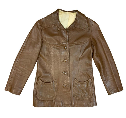 LADIES VTG 1970s SOFT BROWN LEATHER JACKET LARGE COLLARS DISCO BOHO HIPPY UK 8