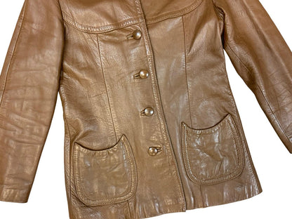 LADIES VTG 1970s SOFT BROWN LEATHER JACKET LARGE COLLARS DISCO BOHO HIPPY UK 8