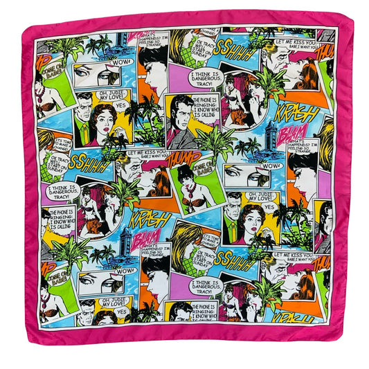 VTG 90s 'ATOS LOMBARDINI' PINK COMIC RETRO POP-ART GRAPHIC SQUARE SCARF