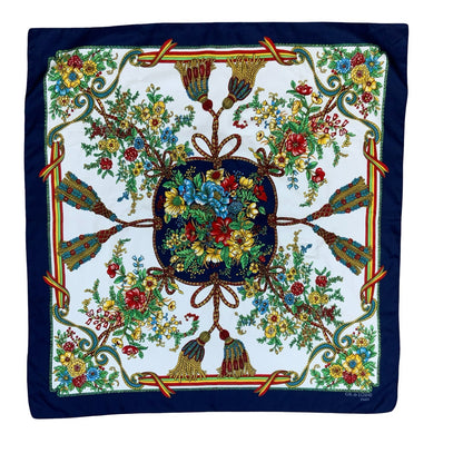 VTG 80s 'GIL DE LOSNE' PARIS BLUE RED YELLOW FLORAL TASSEL FRENCH SQUARE SCARF