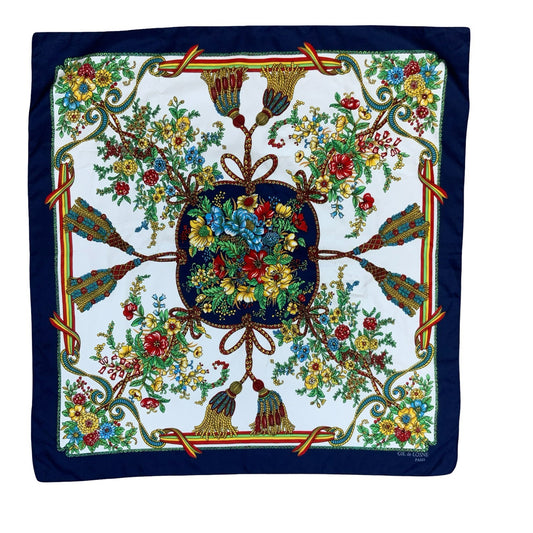 VTG 80s 'GIL DE LOSNE' PARIS BLUE RED YELLOW FLORAL TASSEL FRENCH SQUARE SCARF
