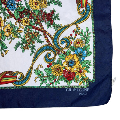 VTG 80s 'GIL DE LOSNE' PARIS BLUE RED YELLOW FLORAL TASSEL FRENCH SQUARE SCARF