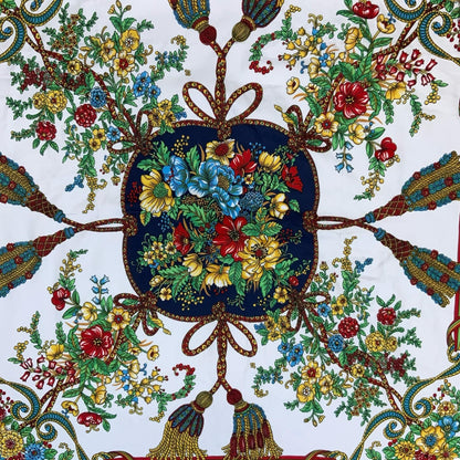 VTG 80s 'GIL DE LOSNE' PARIS BLUE RED YELLOW FLORAL TASSEL FRENCH SQUARE SCARF