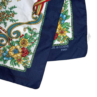 VTG 80s 'GIL DE LOSNE' PARIS BLUE RED YELLOW FLORAL TASSEL FRENCH SQUARE SCARF
