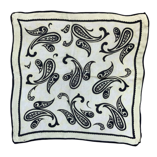 VTG BLACK YELLOW CREAM PAISLEY LIGHTWEIGHT BANDANA PATTERNED SQUARE SCARF